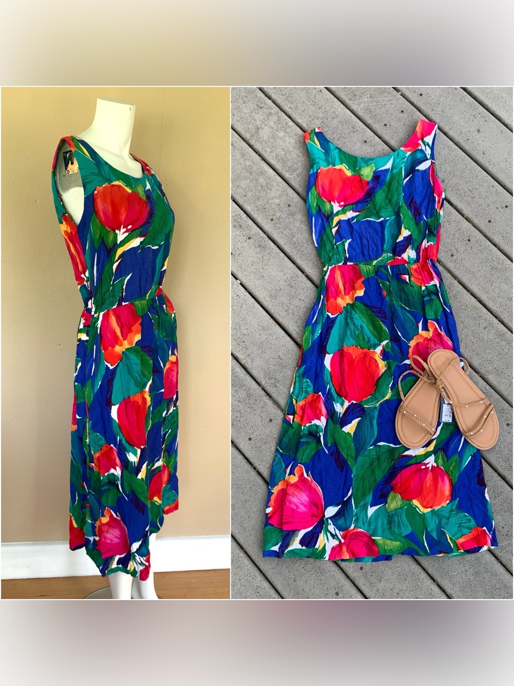 Vintage Bright Floral Sleeveless Midi Dress | 80s Hawaiian Print Slip Dress